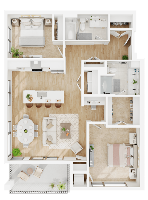 Floor plan for 2 beds, 2 baths, 1128 sqft